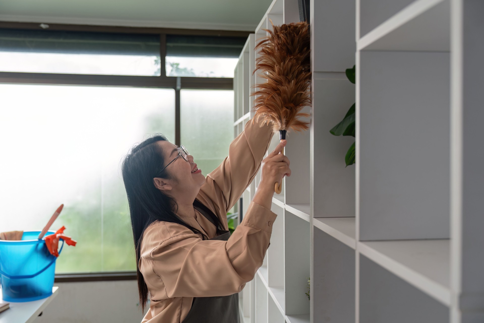 Diligent housekeeper cleaning high office shelves with feather duster